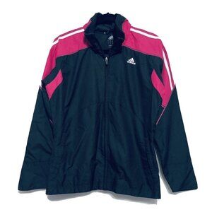 Adidas Womens Medium Pink Black Full Zip Track Jacket Workout 3 Stripe Pockets